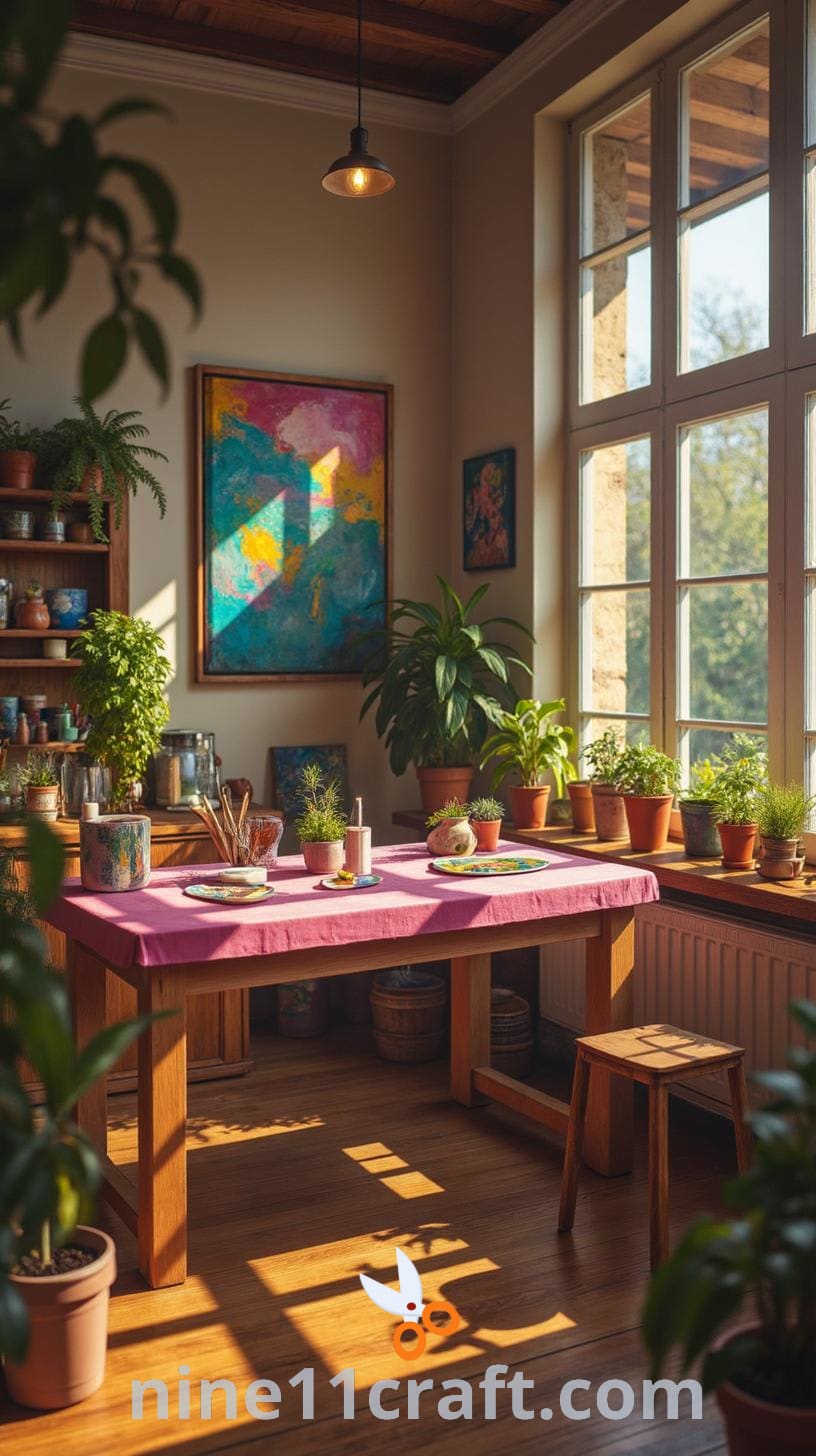 A vibrant art studio featuring large windows, a pink table filled with art supplies, colorful paintings on the walls, and potted plants adding a touch of greenery.