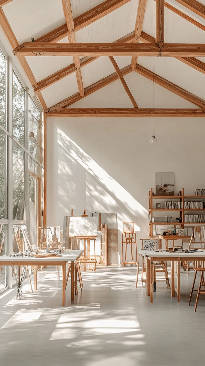 A bright art studio featuring high ceilings, wooden beams, and large windows that fill the space with natural light, creating an inviting atmosphere for artists.