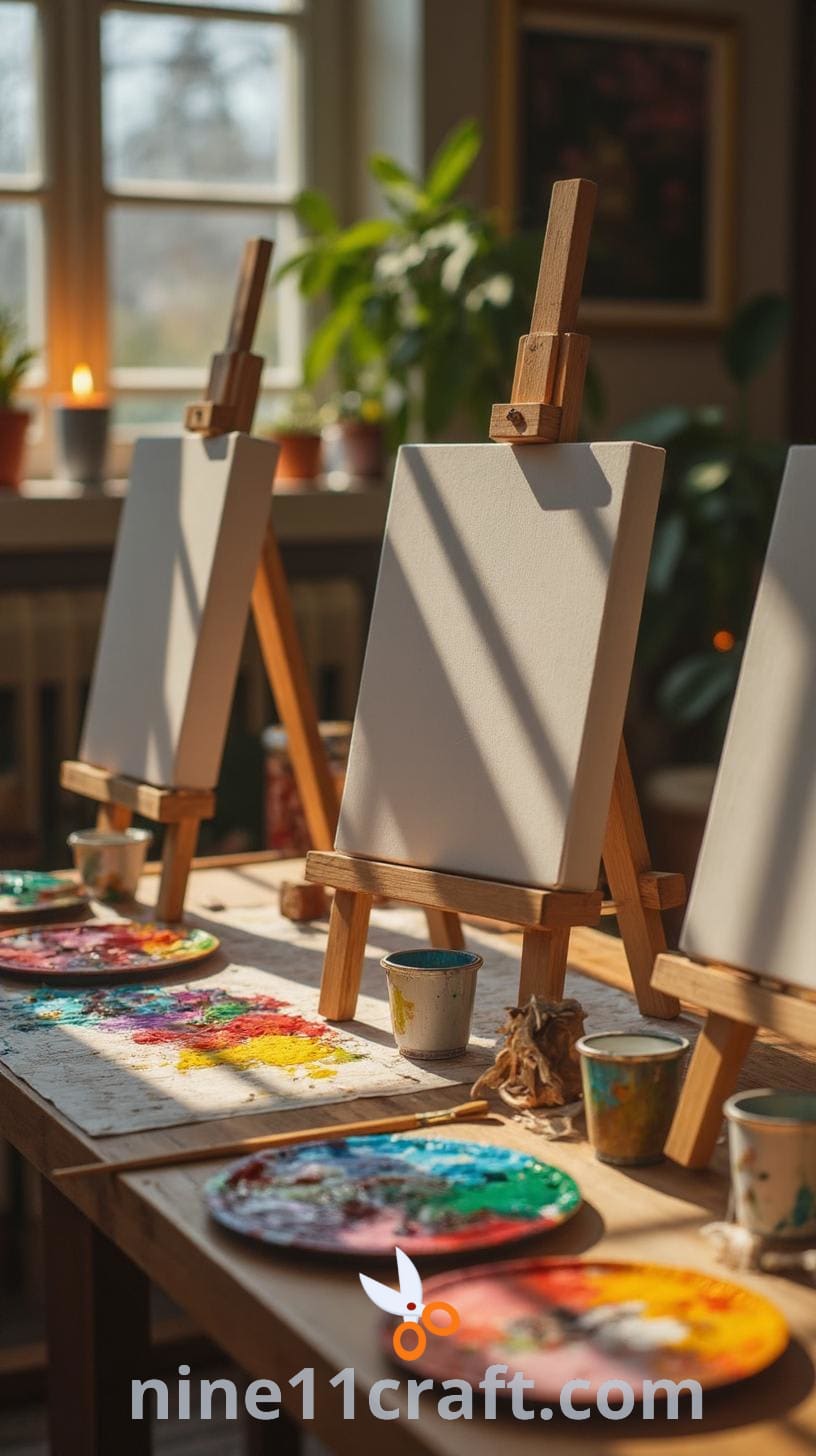 A painting class setup with easels, blank canvases, colorful paint plates, water cups, and scattered reference images, creating a creative and welcoming atmosphere.