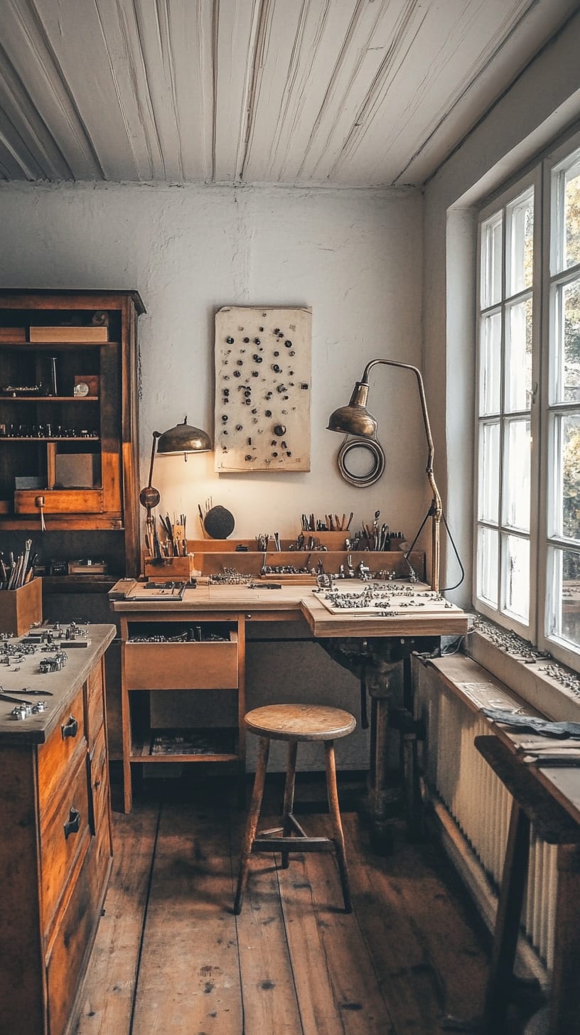 A cozy vintage jewelry workshop with white walls, wooden floors, various tools on a workbench, and sunlight streaming through a window.