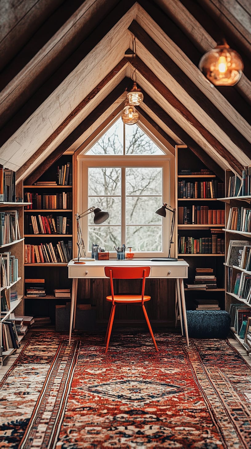 A cozy attic library featuring wooden bookshelves, a vintage desk, and large windows overlooking nature, decorated with warm lighting and a colorful area rug.