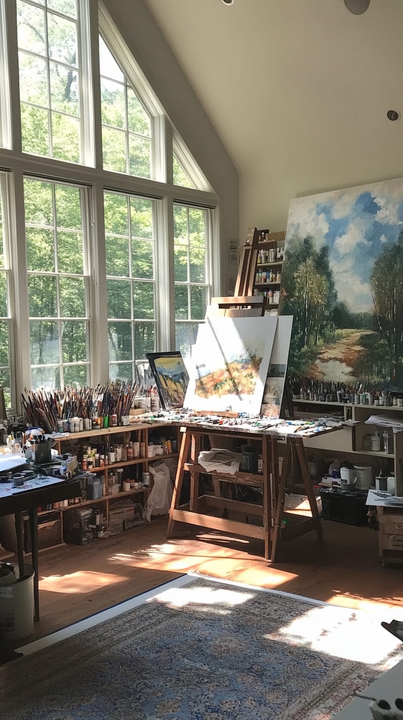 A bright art studio with high ceilings, large windows overlooking the woods, and various unfinished paintings and art supplies, creating a serene and inspiring atmosphere.