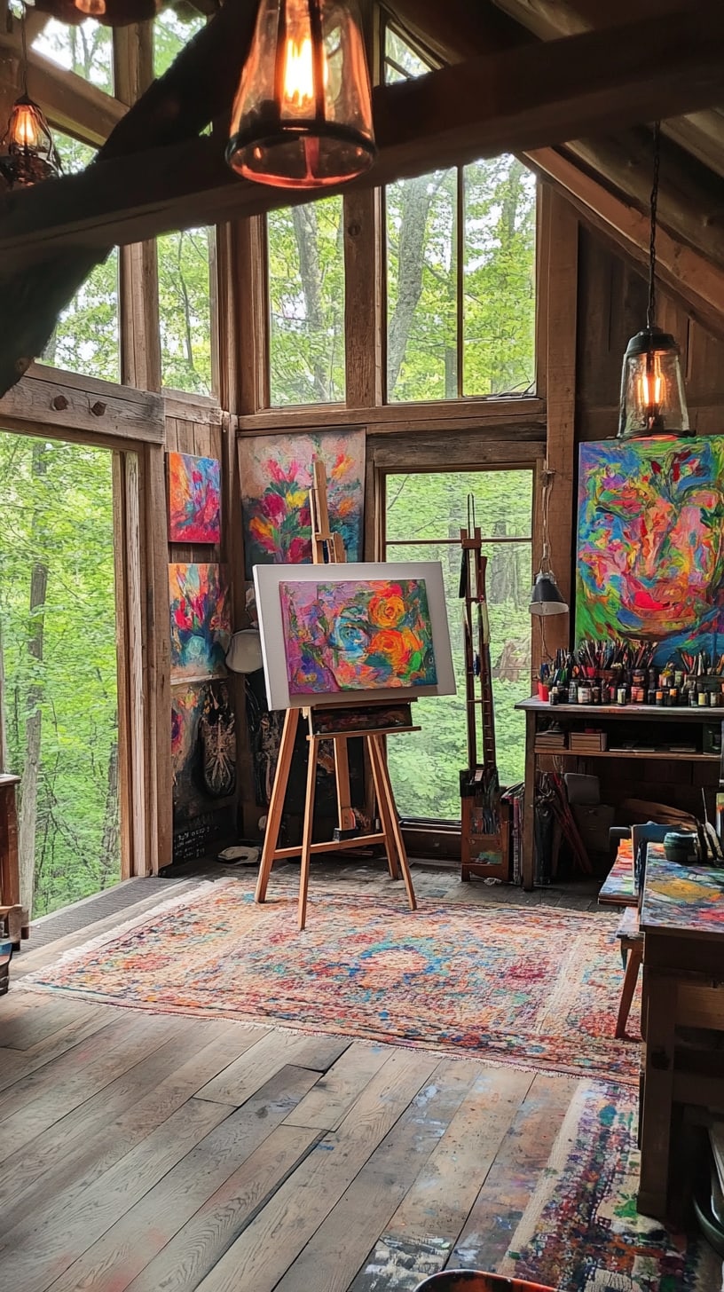 A cozy art studio in the woods featuring large windows, colorful abstract paintings, an easel, and warm lighting, surrounded by natural beauty.