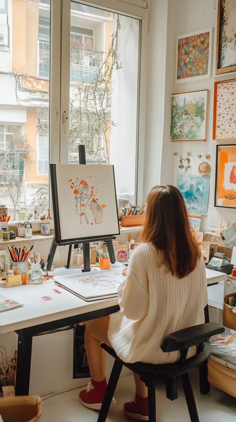 A woman drawing on an easel in a bright apartment filled with natural light, surrounded by art supplies and colorful flower sketches.