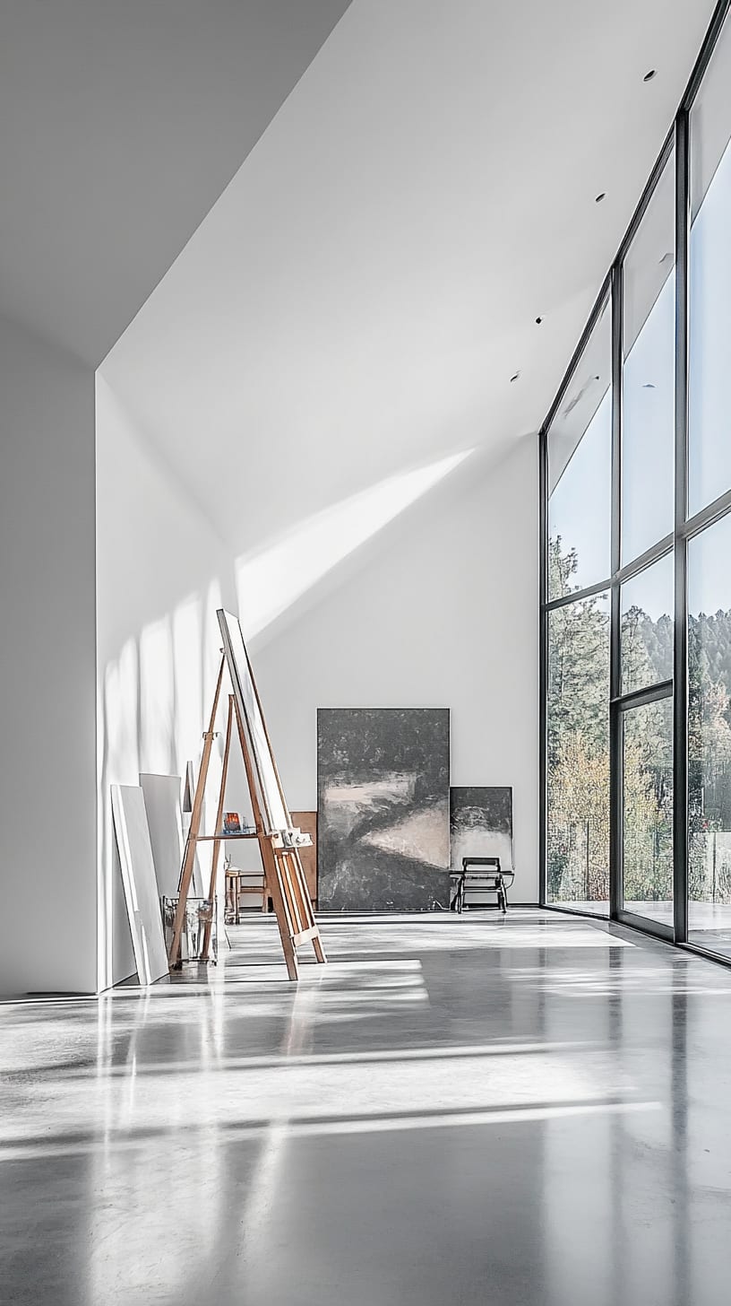 A large, bright white room with concrete floors, large glass windows, and an easel displaying a landscape painting.