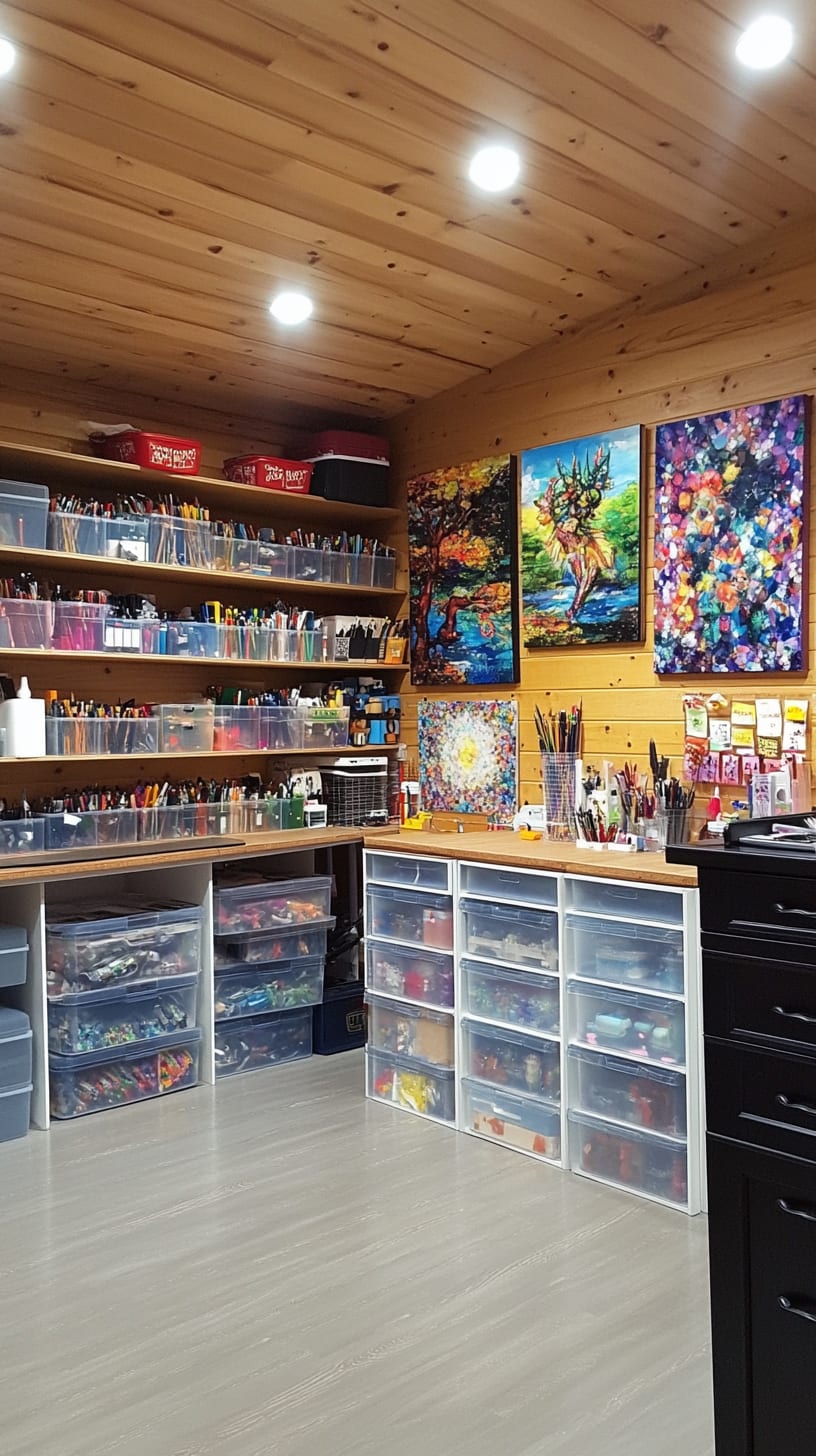 A warm and inviting art studio filled with organized art supplies, wooden walls, and natural light, creating a perfect environment for artistic expression.