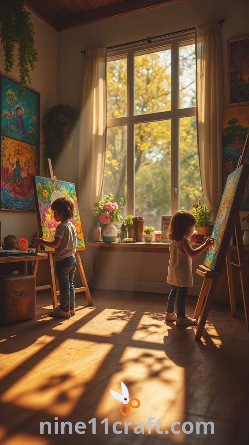 A bright art studio with large windows, where children are happily engaged in painting at easels, displaying colorful artwork and enjoying their creative activities.