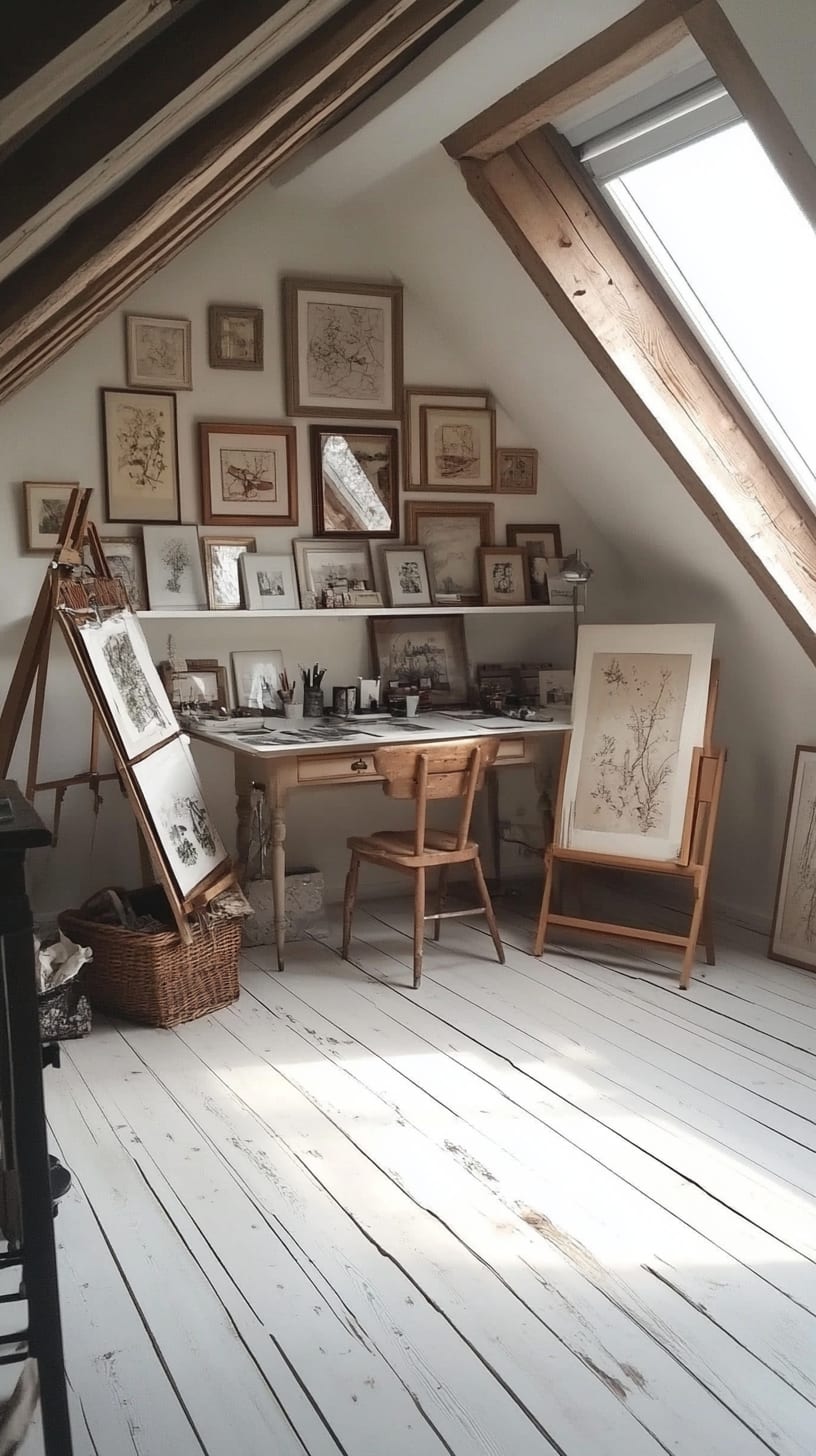 A cozy attic art studio with white-painted wooden floors and walls, featuring framed prints, a wooden easel, and a skylight that illuminates the space.