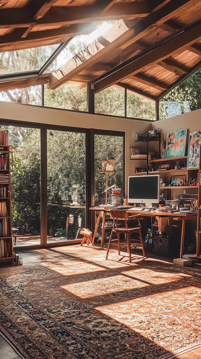 A bright, boho-style home office with large windows, skylights, wooden beams, a desk with a computer, and a vintage rug, illuminated by natural light.