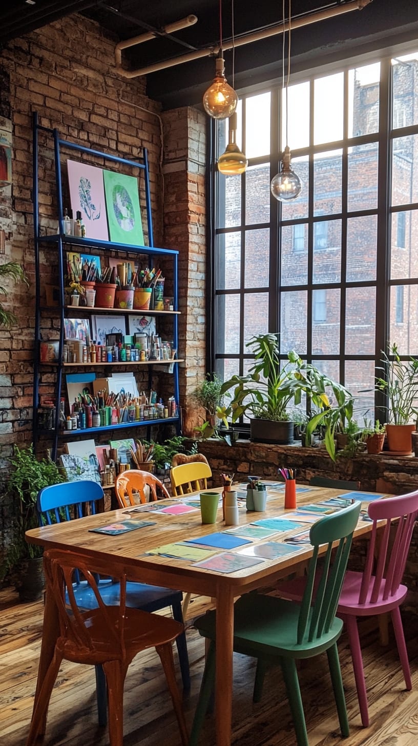 An art studio featuring brick walls, large windows, a wooden table surrounded by colorful chairs, and potted plants, creating a vibrant and inviting atmosphere.