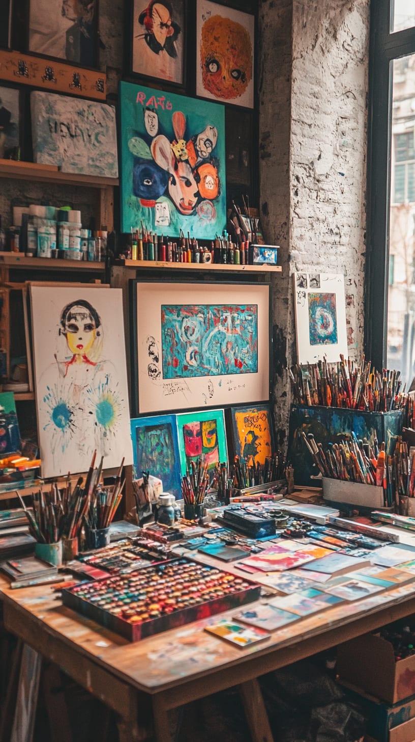 A vibrant art studio with colorful canvases and paintbrushes, filled with natural light and surrounded by framed artwork on the walls.