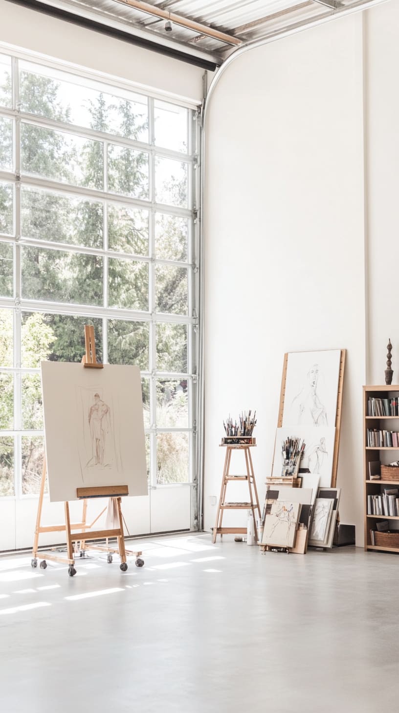 A spacious and bright art studio featuring large windows, an easel with sketches, and organized art supplies on shelves, creating an inspiring atmosphere for creativity.