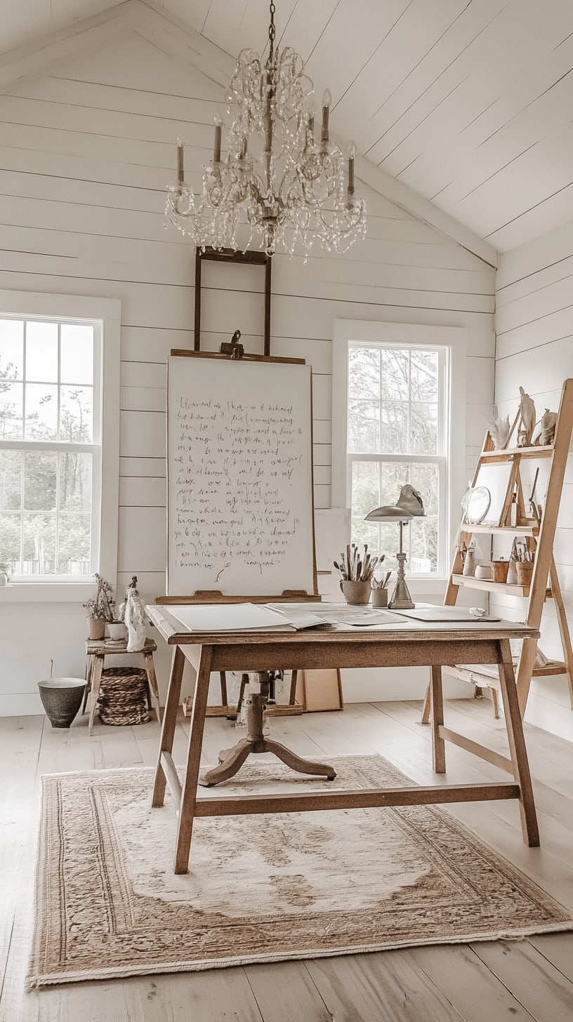 A light and airy farmhouse art studio featuring white shiplap walls, a vintage wooden easel, a cozy rug, and a chandelier, all designed to inspire creativity.