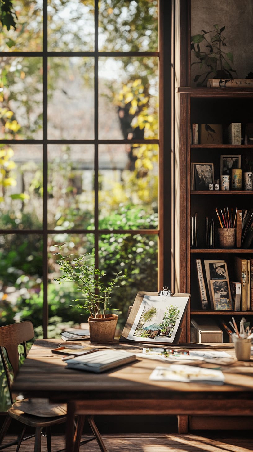 A cozy home office featuring a wooden desk with art supplies, books, and large windows showcasing greenery outside. Sunlight filters through, creating a warm and inviting atmosphere.