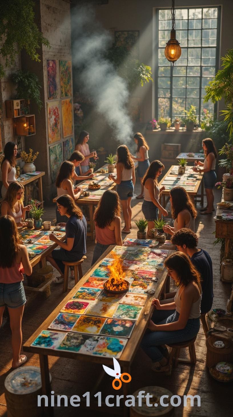 An art studio filled with people engaged in various artistic activities, featuring bright light, tables of art supplies, and ongoing projects.