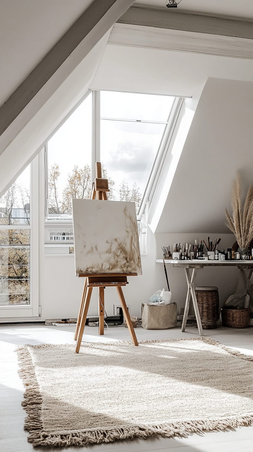 A minimalist Scandinavian art studio in an attic, featuring beige walls, skylights, a wooden easel, and natural light creating a cozy atmosphere.