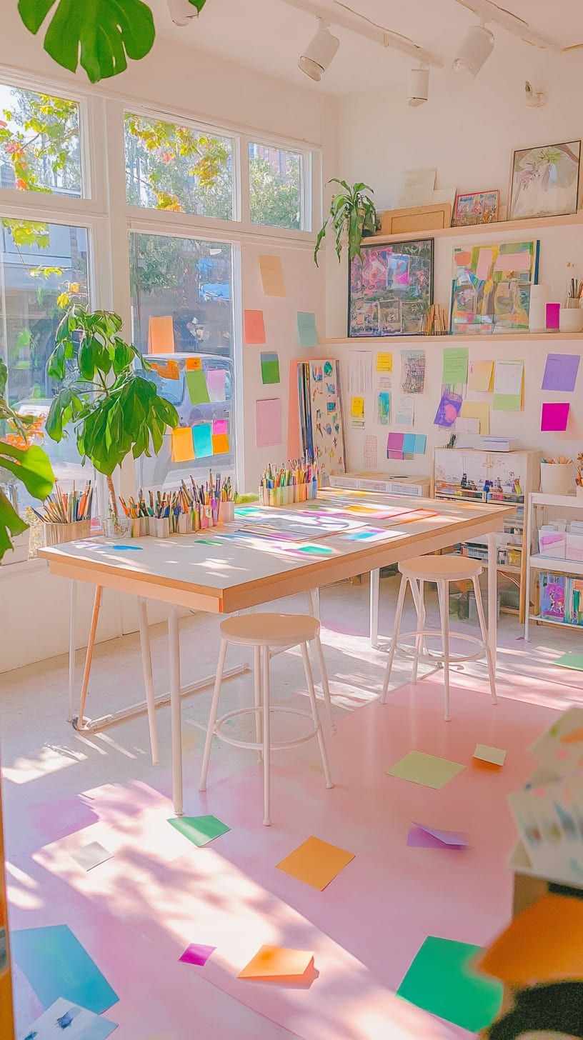 An airy art studio featuring large windows, pastel-colored decor, white tables covered in art supplies, and green plants, creating a vibrant and inspiring workspace.