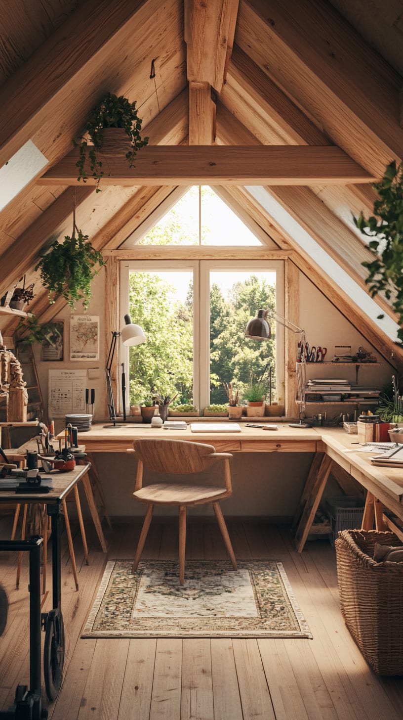 A cozy attic office featuring wooden beams, large windows, a desk with art supplies, and plants, creating an inviting atmosphere for creativity and remote work.