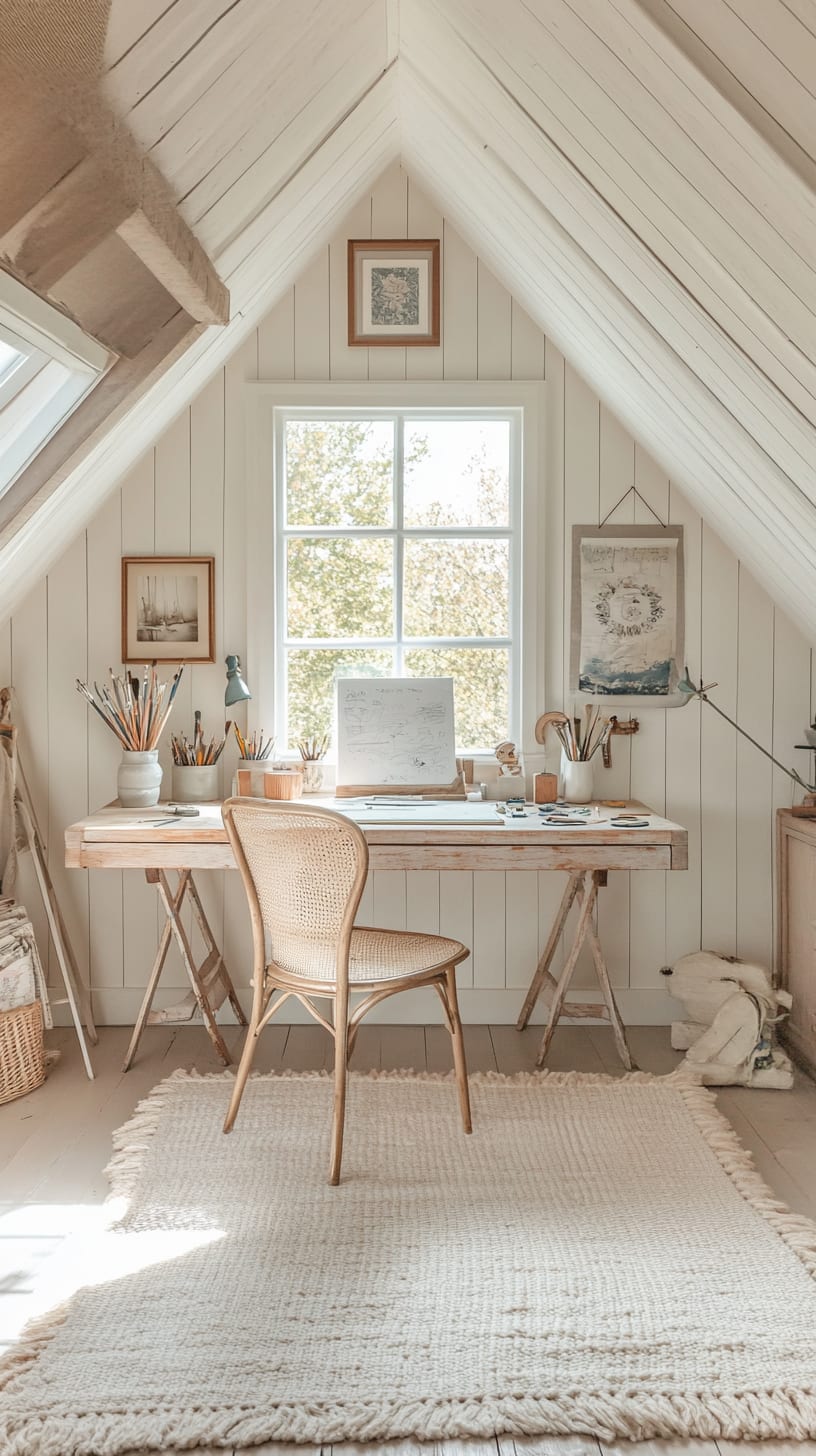 A cozy attic home office featuring white shiplap walls, a vintage desk, a rattan chair, and pastel decor, bathed in natural light.