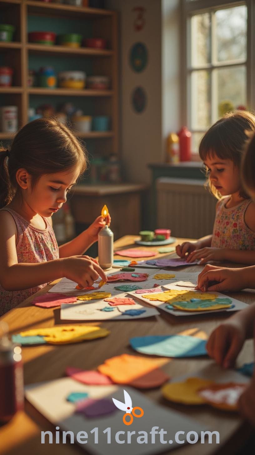 A classroom filled with children engaged in arts and crafts, using colorful papers, glue, and paint, surrounded by organized shelves of art supplies.