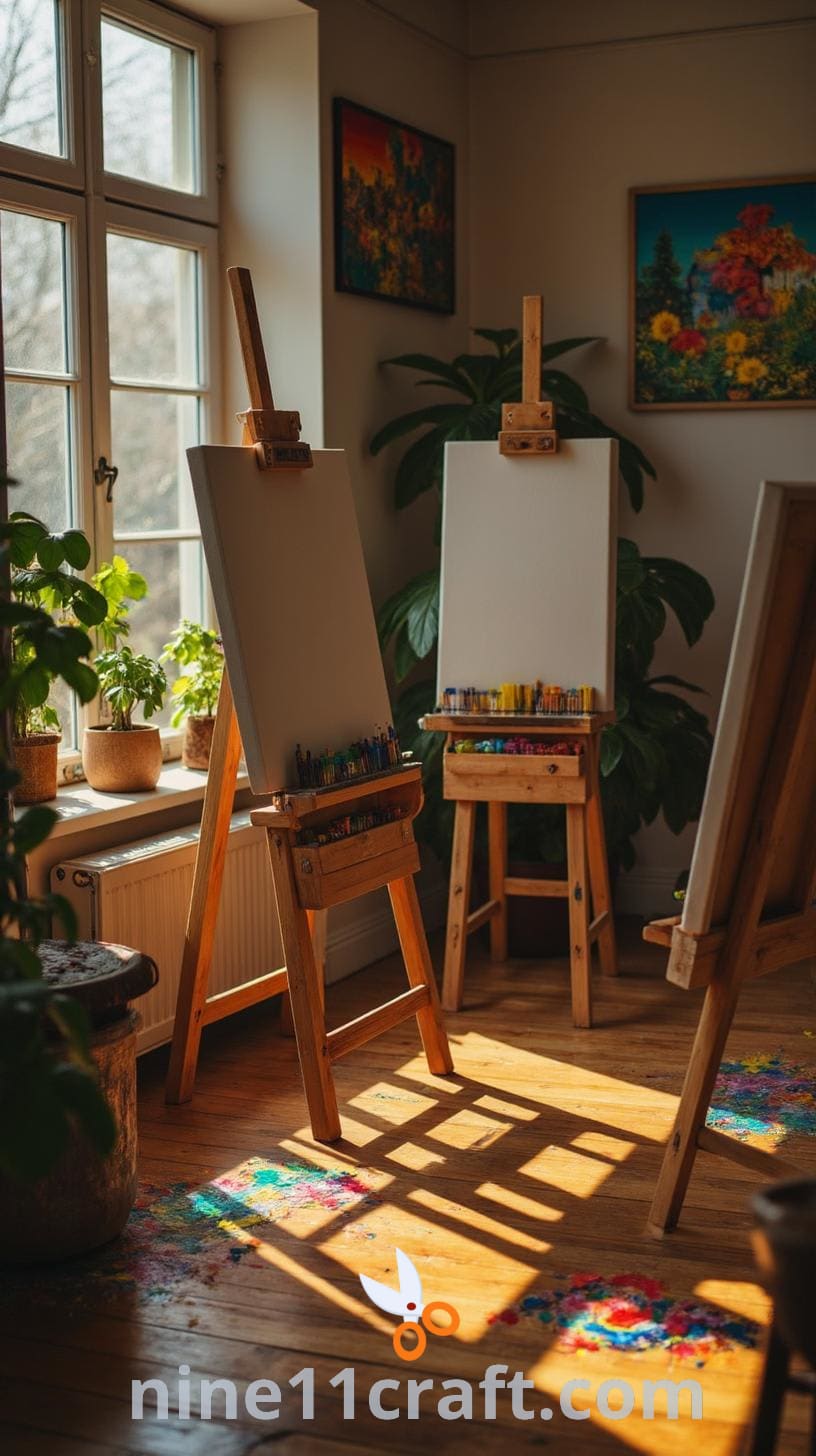 A bright art studio with easels, blank canvases, and colorful art supplies, adorned with decorative prints, creating an inviting atmosphere for creativity and workshops.