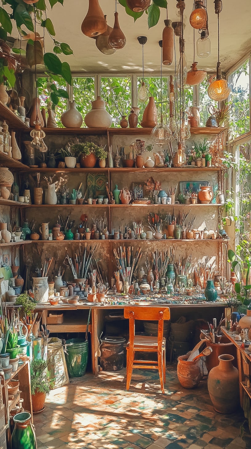 A cozy bohemian-style pottery studio filled with colorful clay pots, art supplies, and plants, featuring a sunlit wooden table and shelves, exuding warmth and creativity.