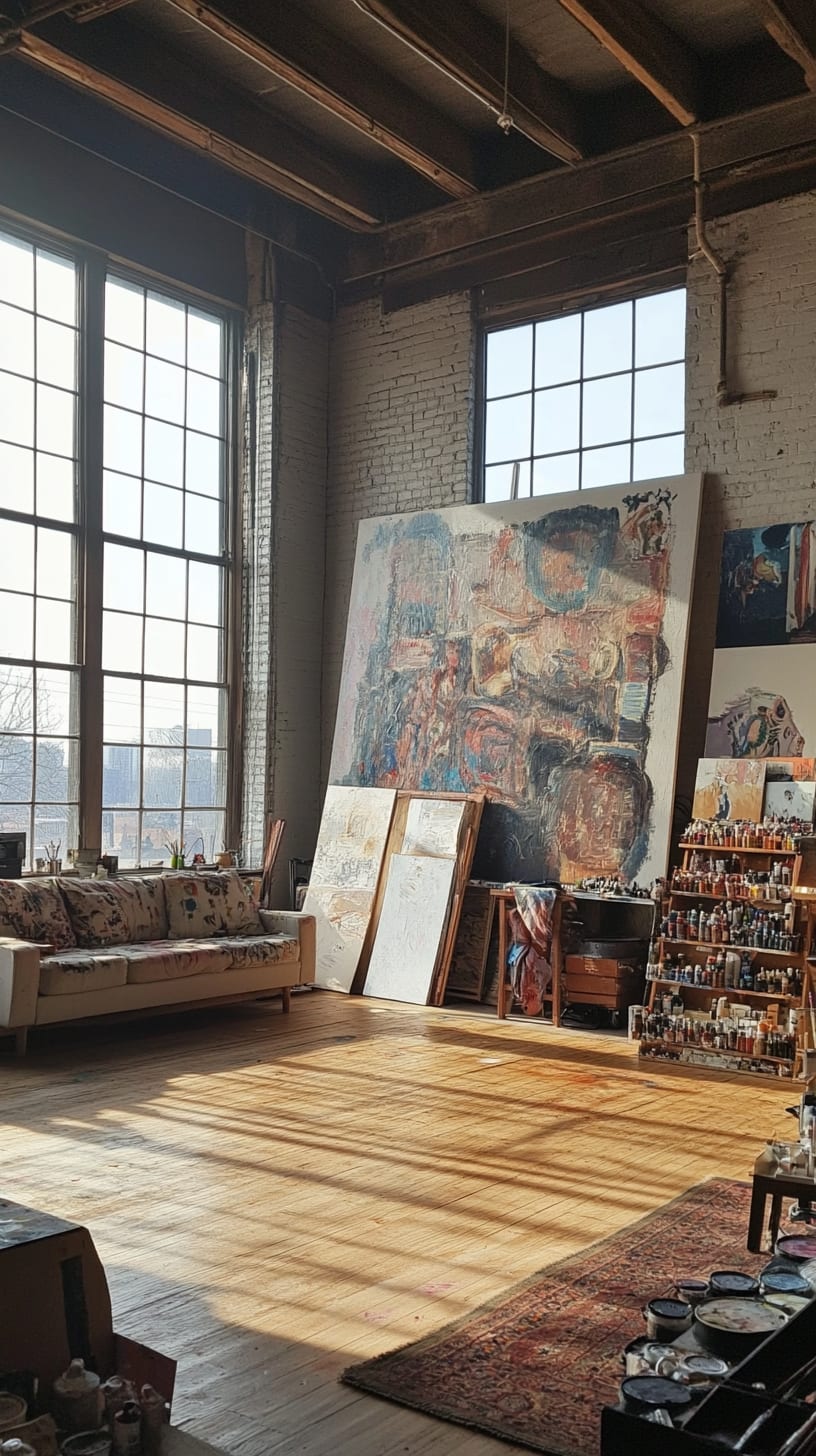 A large loft studio with big windows, wooden floors, and exposed brick walls, filled with art supplies and paintings, creating an inspiring artistic space.