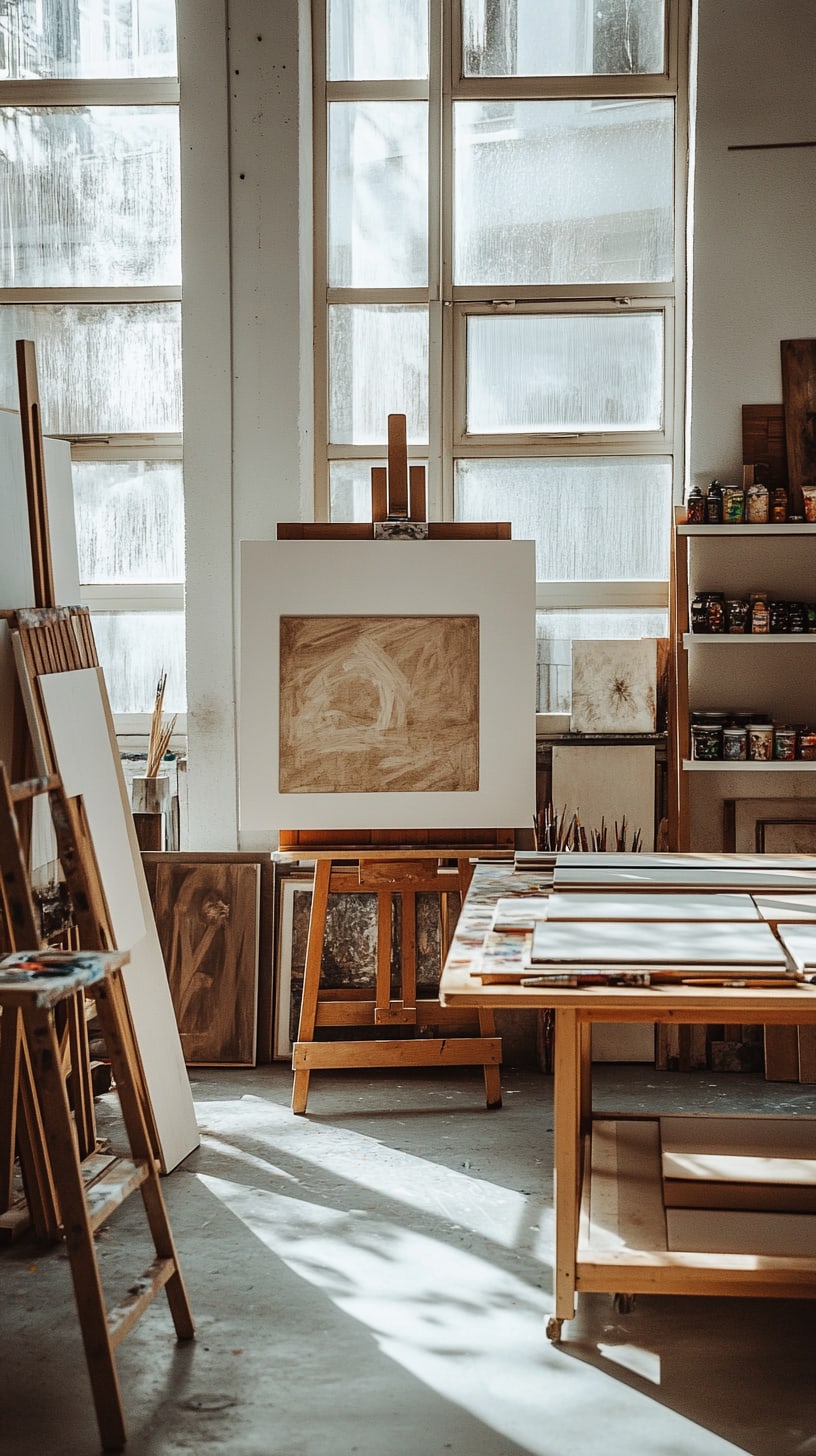 An expansive art studio filled with natural light, featuring wooden easels, scattered art supplies, and warm sunlight streaming through large windows, creating an inviting atmosphere for creativity.