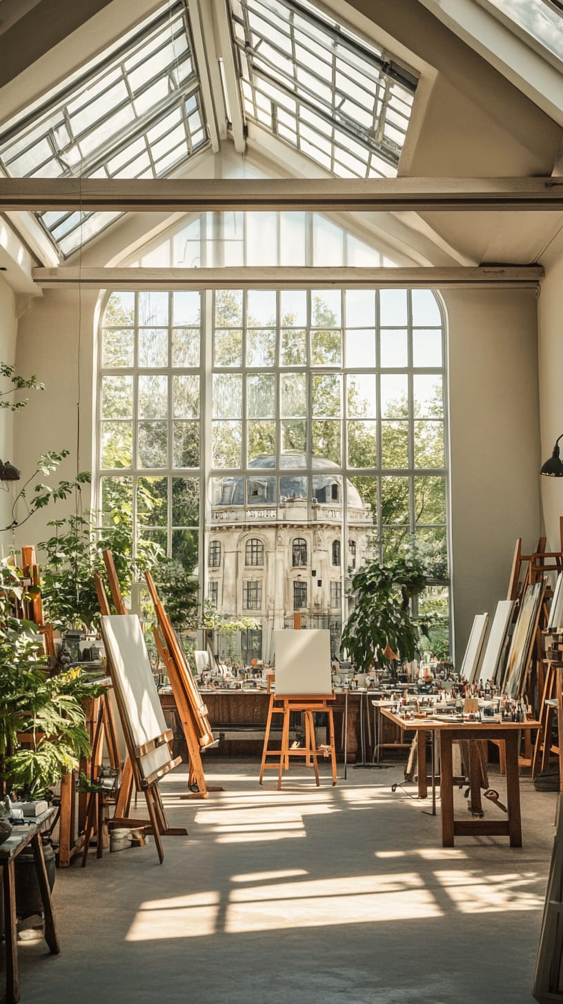 An art studio filled with easels and canvases, featuring large windows overlooking a grand Parisian mansion and lush greenery, illuminated by natural sunlight.