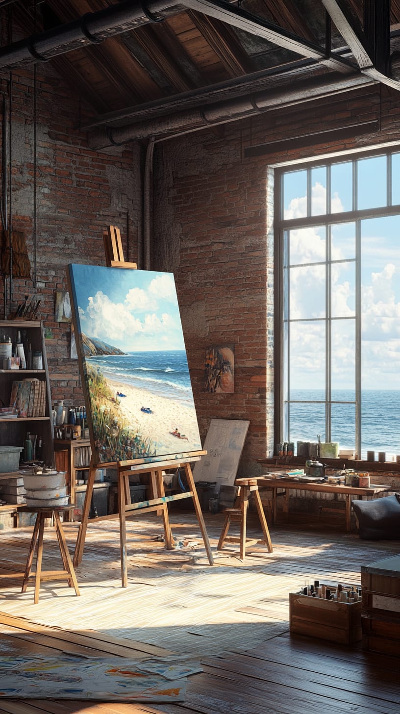 A cozy painting studio featuring an easel with a beach painting, large windows with ocean views, wooden floors, and brick walls filled with art supplies.