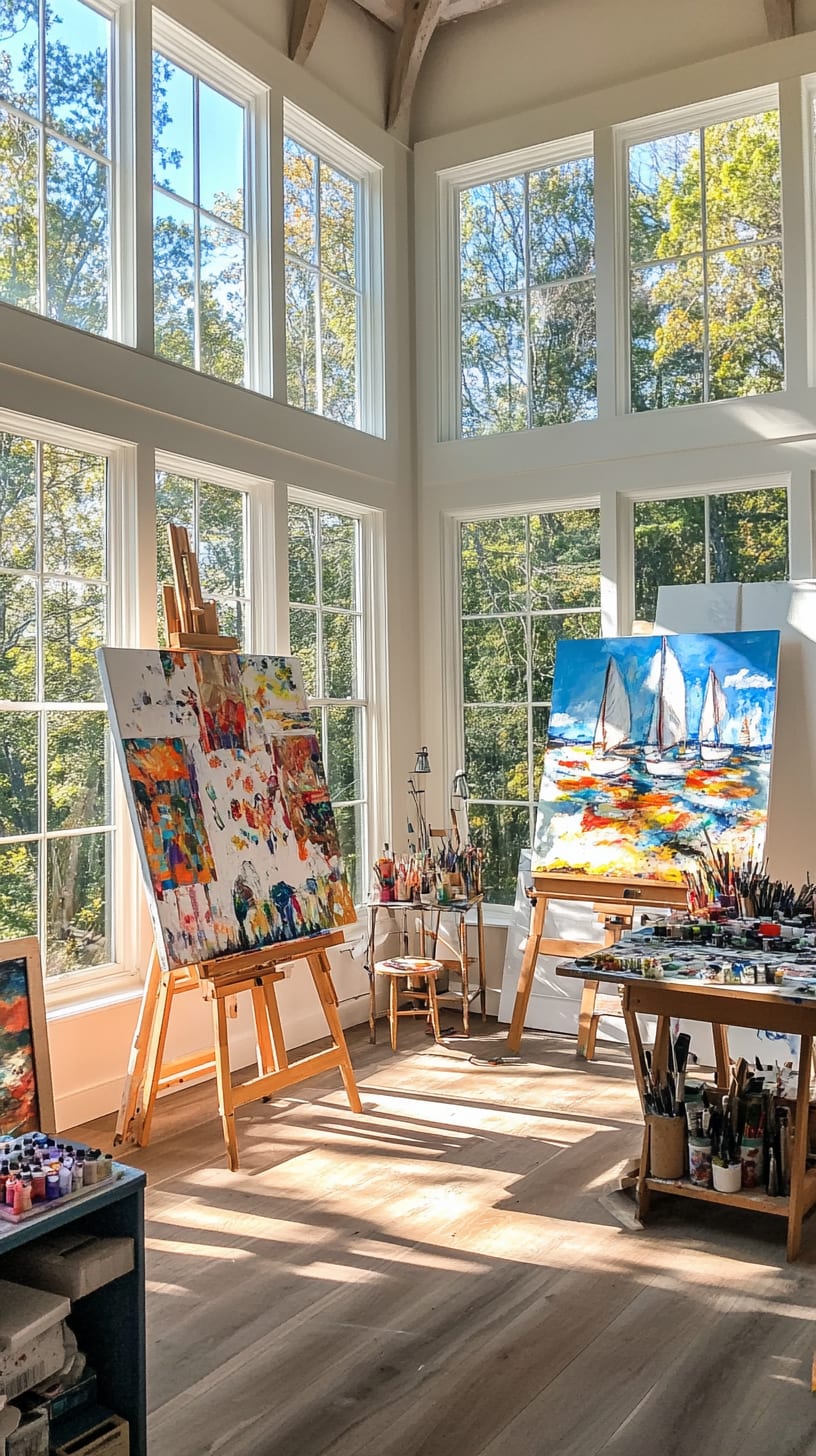 A large, sunlit art studio featuring tall windows, colorful abstract paintings on easels, and art supplies scattered throughout the room, creating a creative and inviting atmosphere.