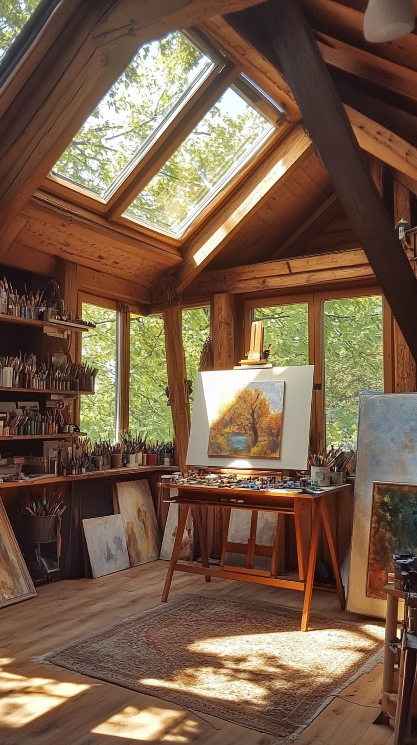 A cozy wooden art studio surrounded by trees, featuring large windows and an easel with a half-finished landscape painting. The room is filled with sunlight and art supplies, creating a warm and inviting atmosphere for creativity.