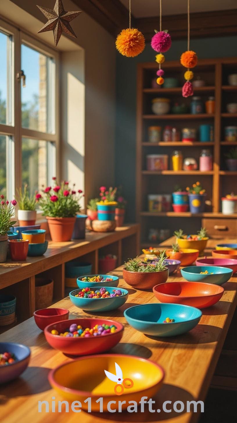 A colorful and cheerful arts and crafts space with a long table filled with vibrant supplies, shelves lined with craft materials, and decorations like stars and pom-poms hanging from the ceiling.
