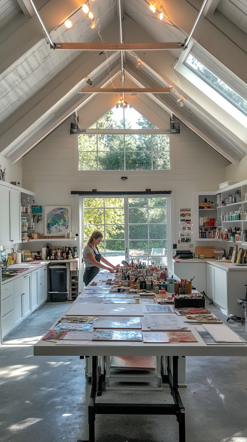 A large, bright art studio in a modern farmhouse style featuring high ceilings and large windows, with a woman drawing at a long table filled with art supplies.