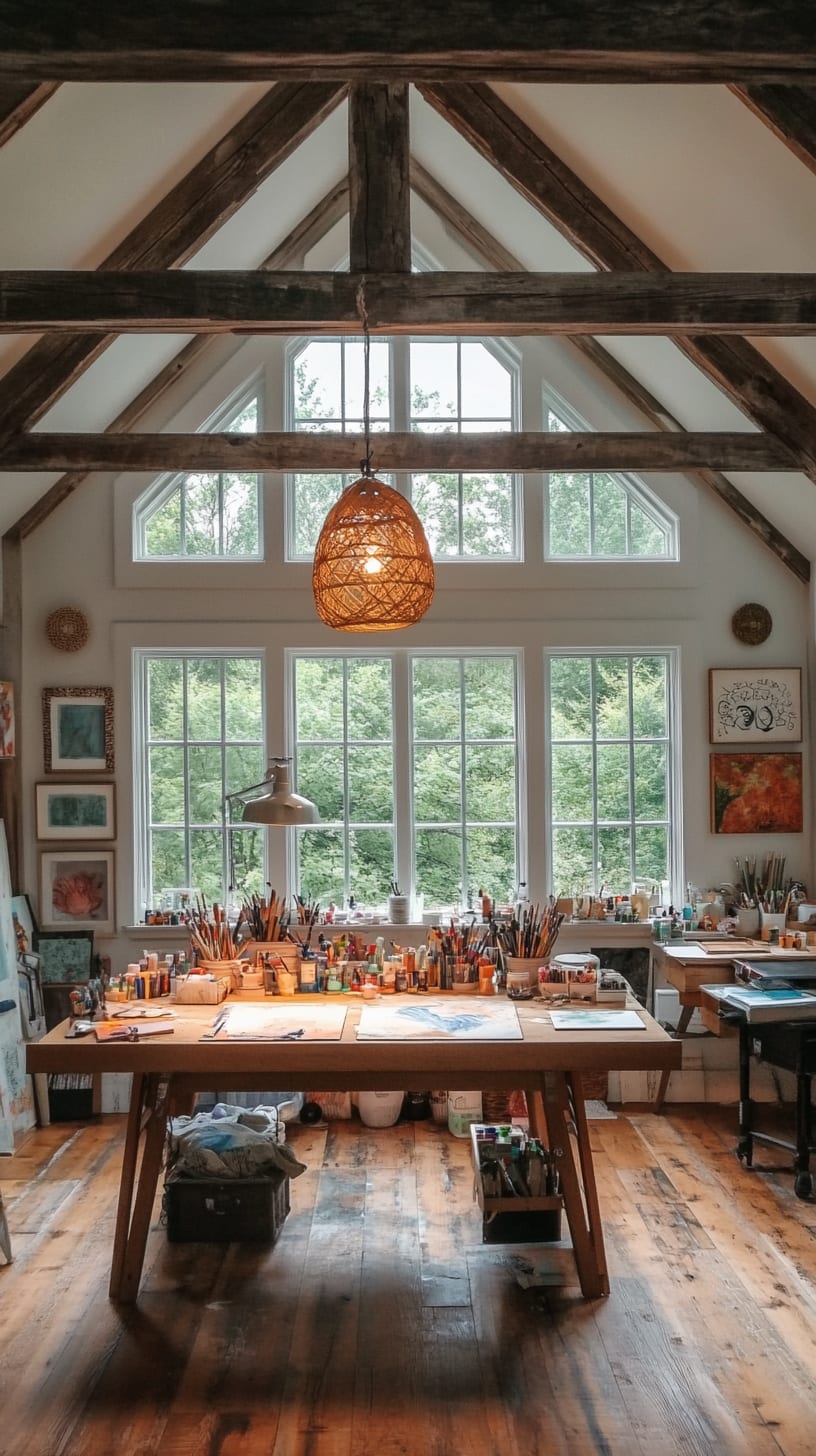 A cozy and spacious art studio with high ceilings, large windows, and an old wooden table filled with painting supplies, creating an inspiring atmosphere.