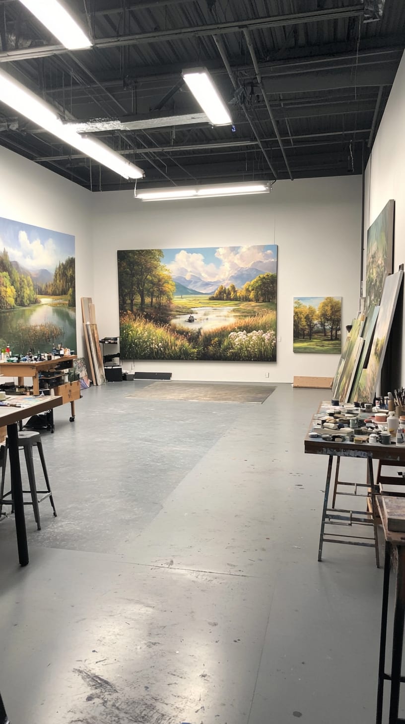 A spacious art studio filled with landscape paintings, featuring natural lighting and simple design elements for an inspiring creative environment.