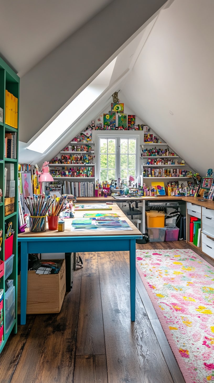 A colorful attic art studio featuring a large blue desk, shelves filled with art supplies, a floral rug, and abundant natural light from skylights.