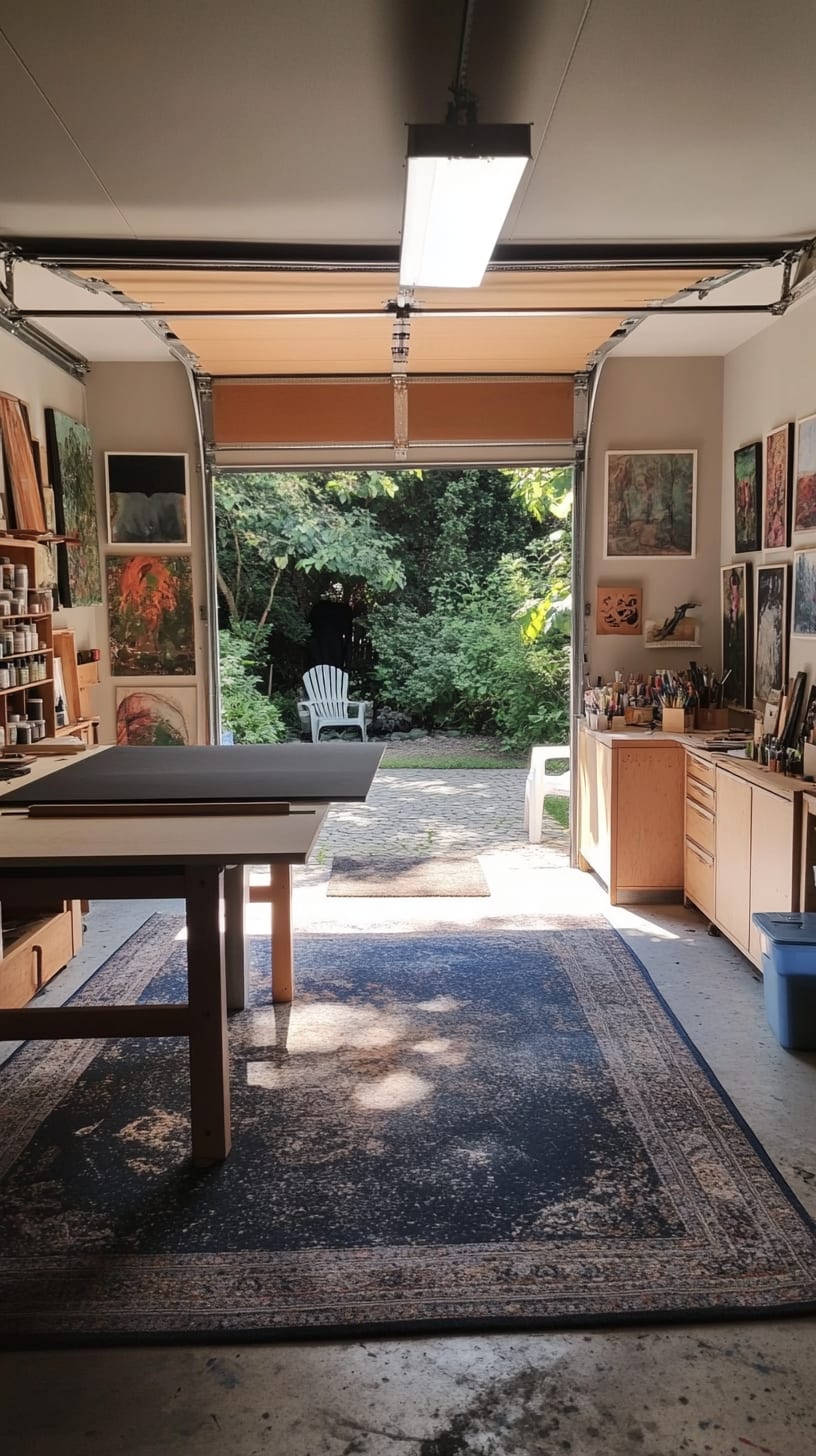 A bright and inviting art studio in a garage, featuring a central desk, a dark blue Persian rug, and an open door leading to a garden outside.