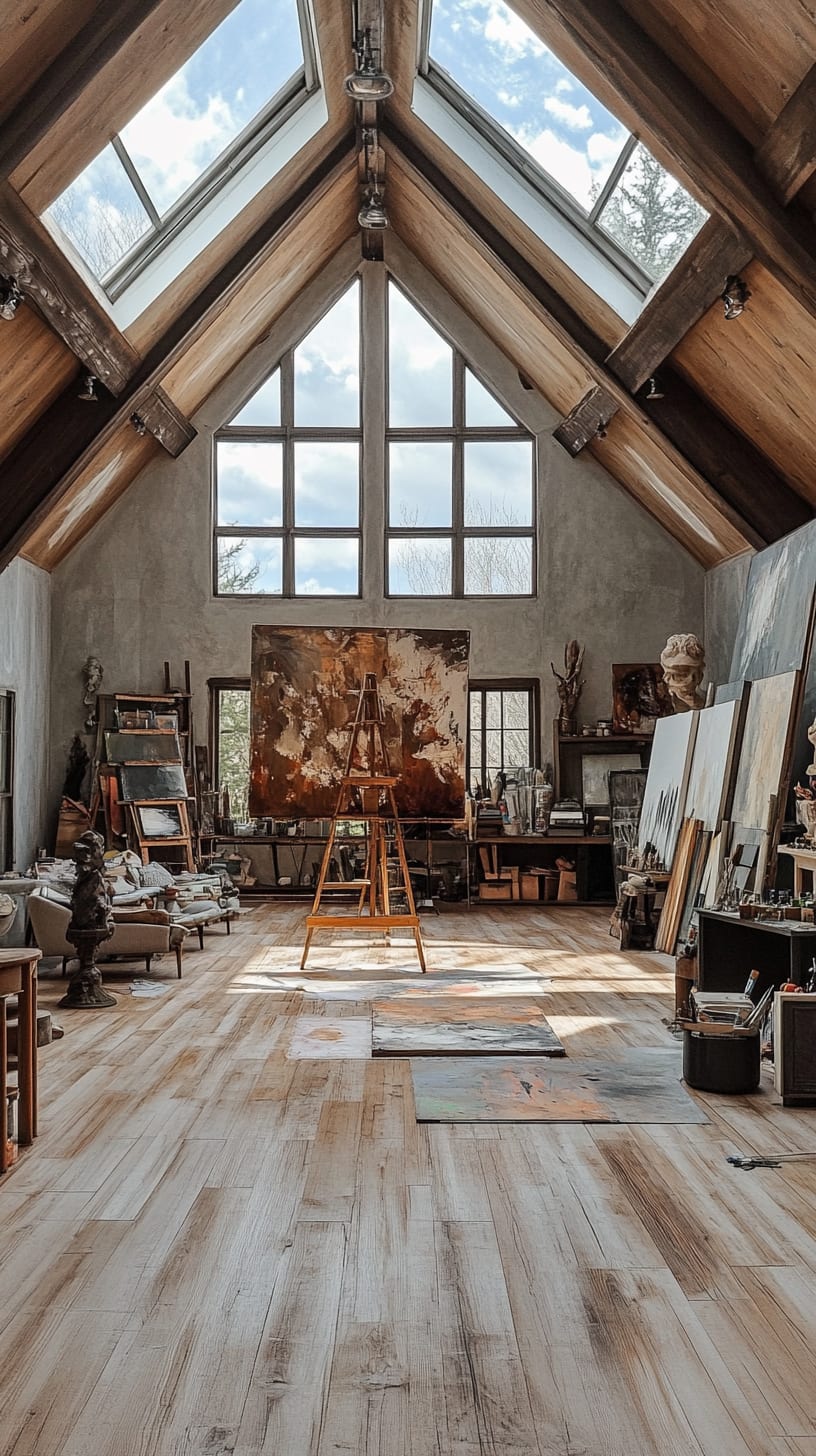 A spacious art studio with high ceilings, large windows, and numerous paintings, featuring an easel in the center and natural light streaming in from skylights.