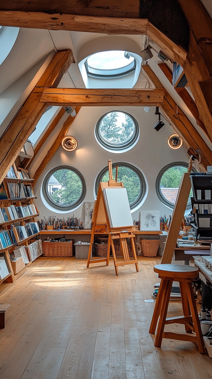 A cozy attic art studio featuring large round windows, a wooden easel, shelves filled with books, and skylights, creating a warm and inviting atmosphere for creativity.