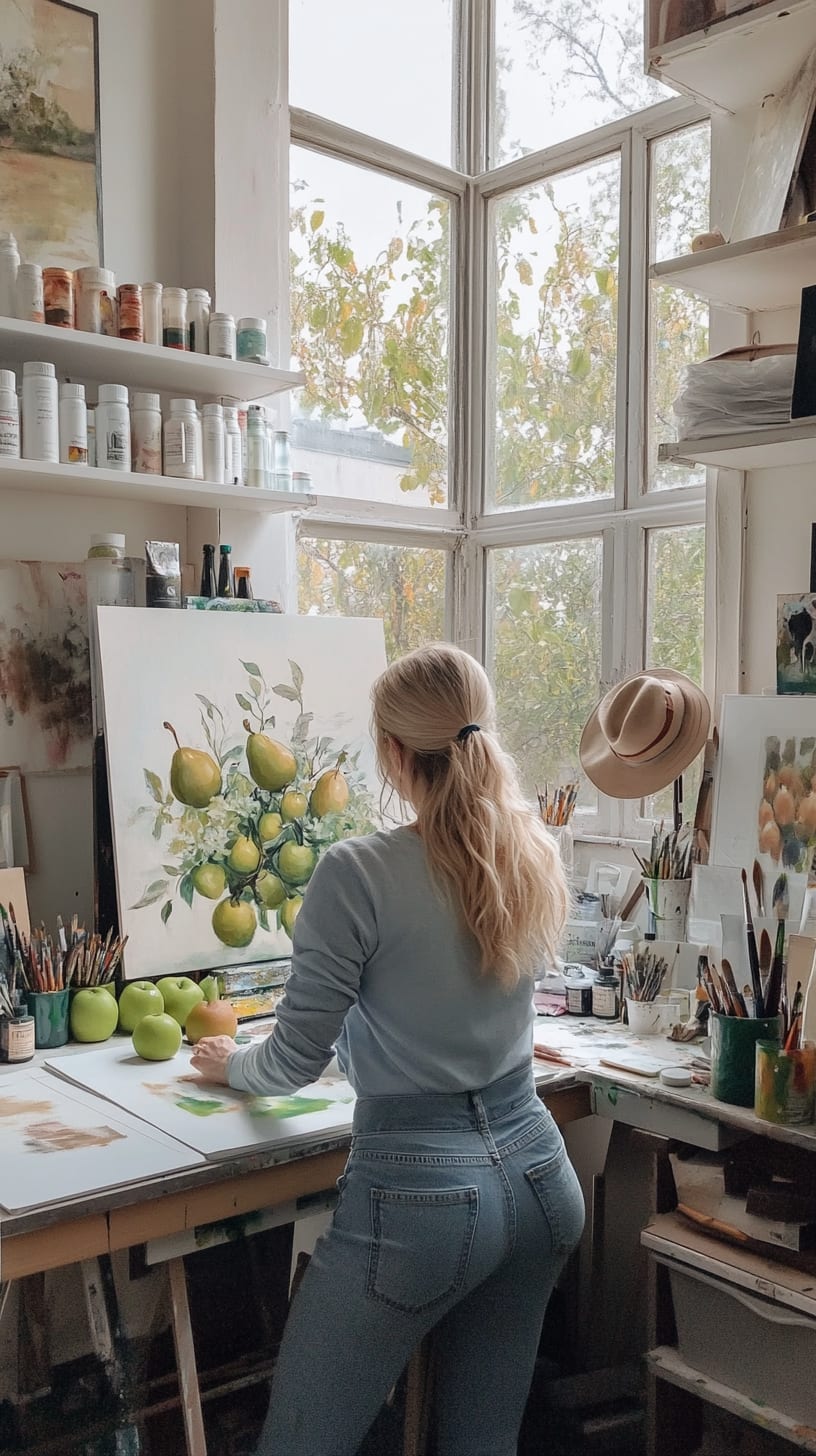 A blonde woman in jeans painting on an easel in a bright artist