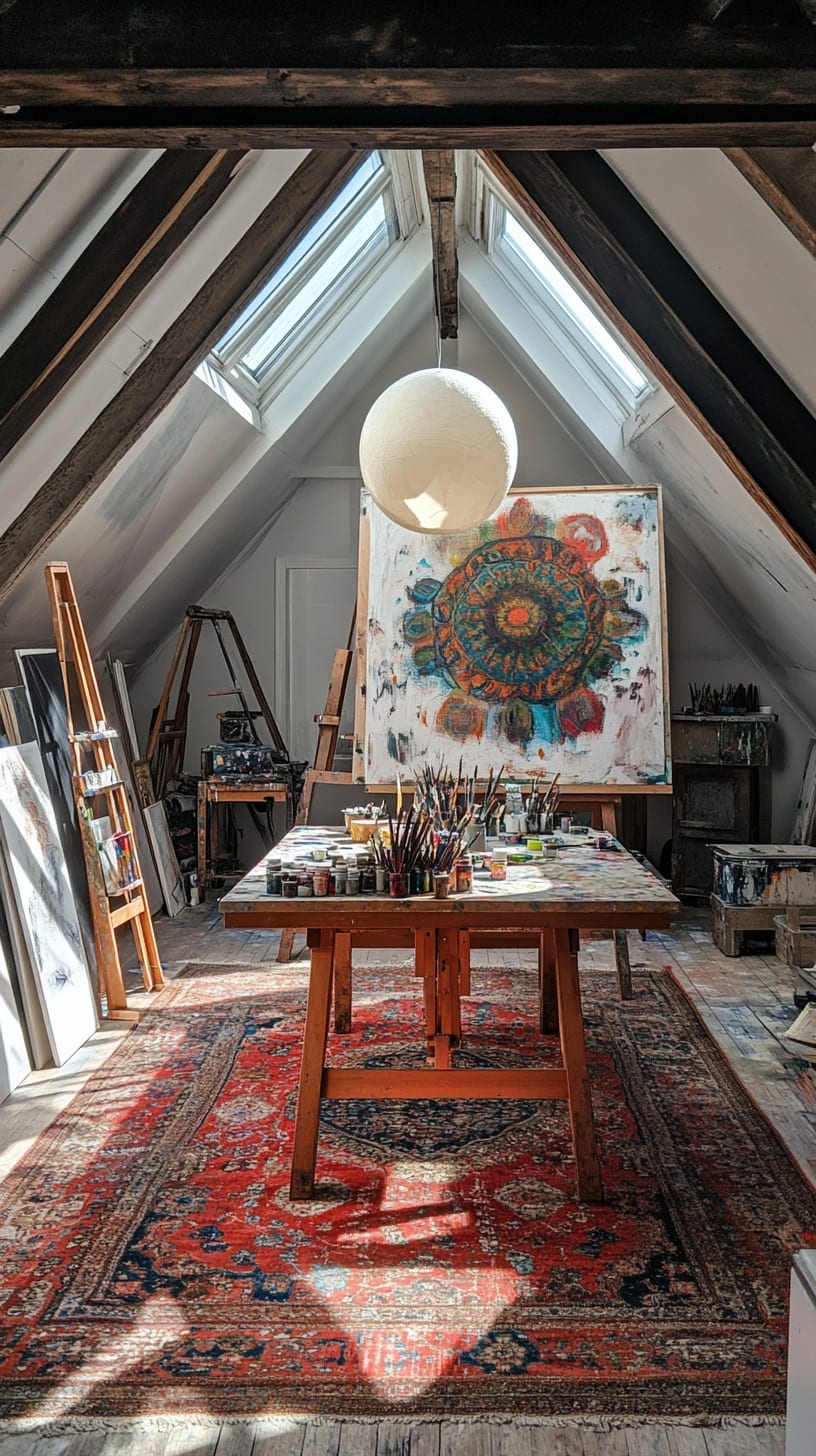An inviting attic art studio featuring high ceilings, skylights, a red Persian rug, and an array of art supplies with a warm pendant lamp illuminating the space.