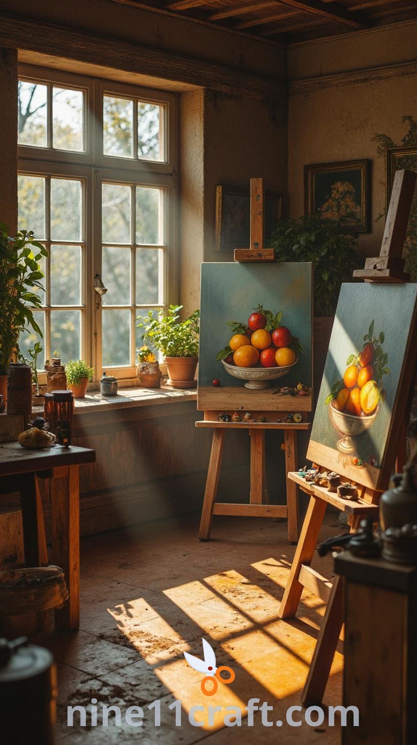 An art studio filled with easels displaying various paintings of still lifes, illuminated by natural light from large windows, creating an inviting atmosphere for art students.