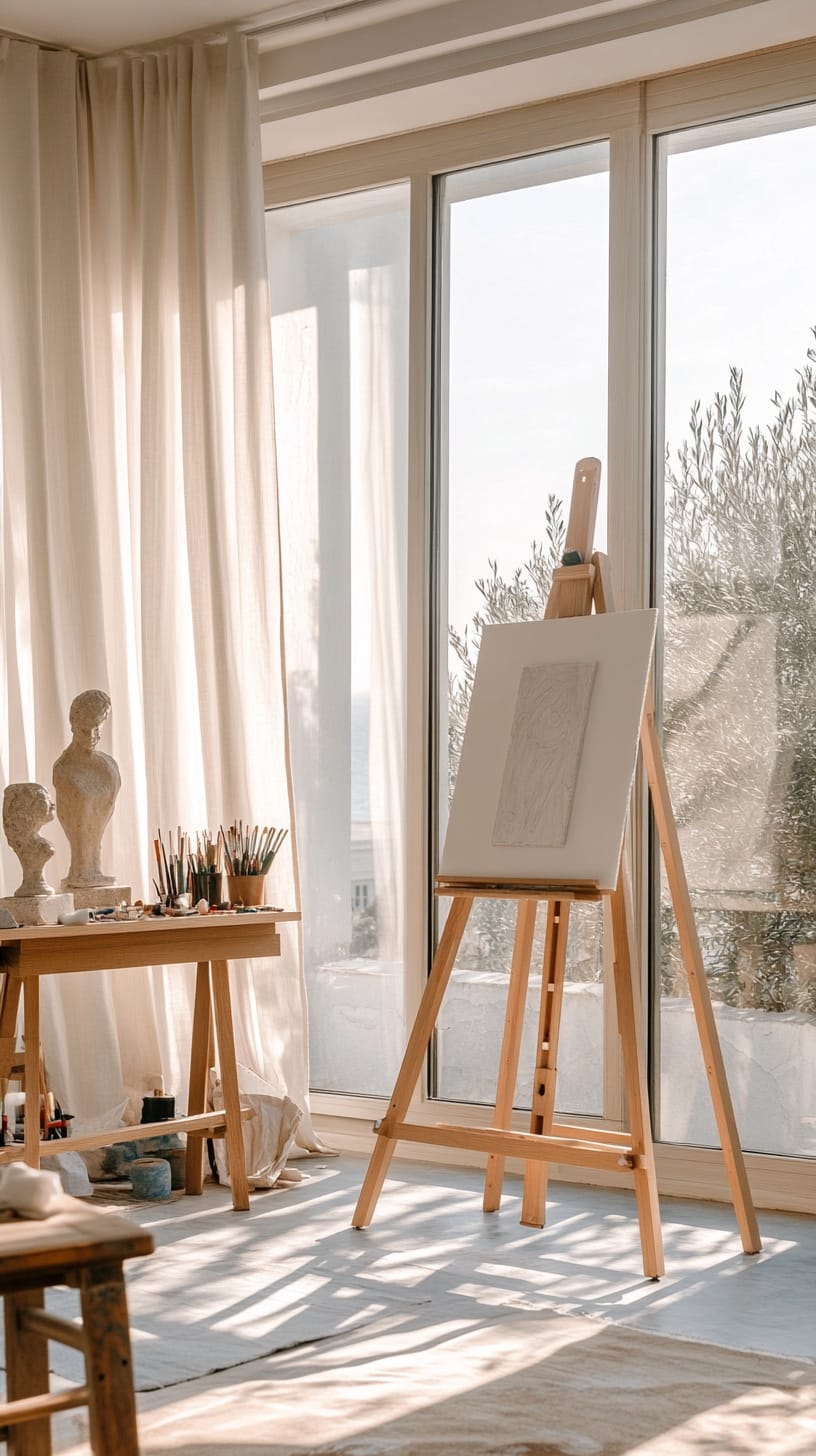 A bright and airy minimalist art studio featuring a wooden easel, a table with art supplies, sculptures, and large windows with light beige curtains allowing natural sunlight to filter in.