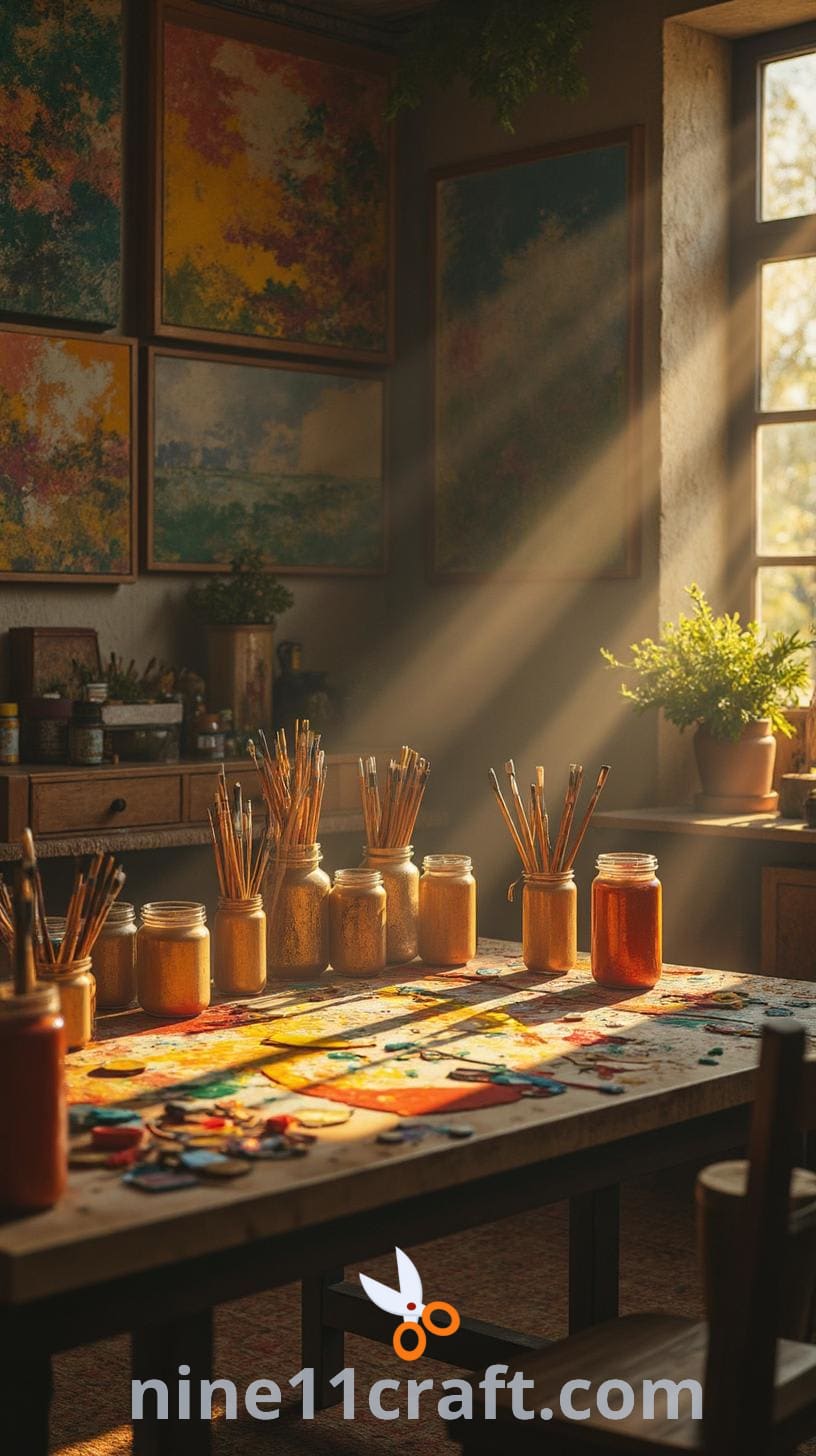 A vibrant art studio featuring colorful paintings, shelves of art supplies, and a crafting table with scattered paints and materials.