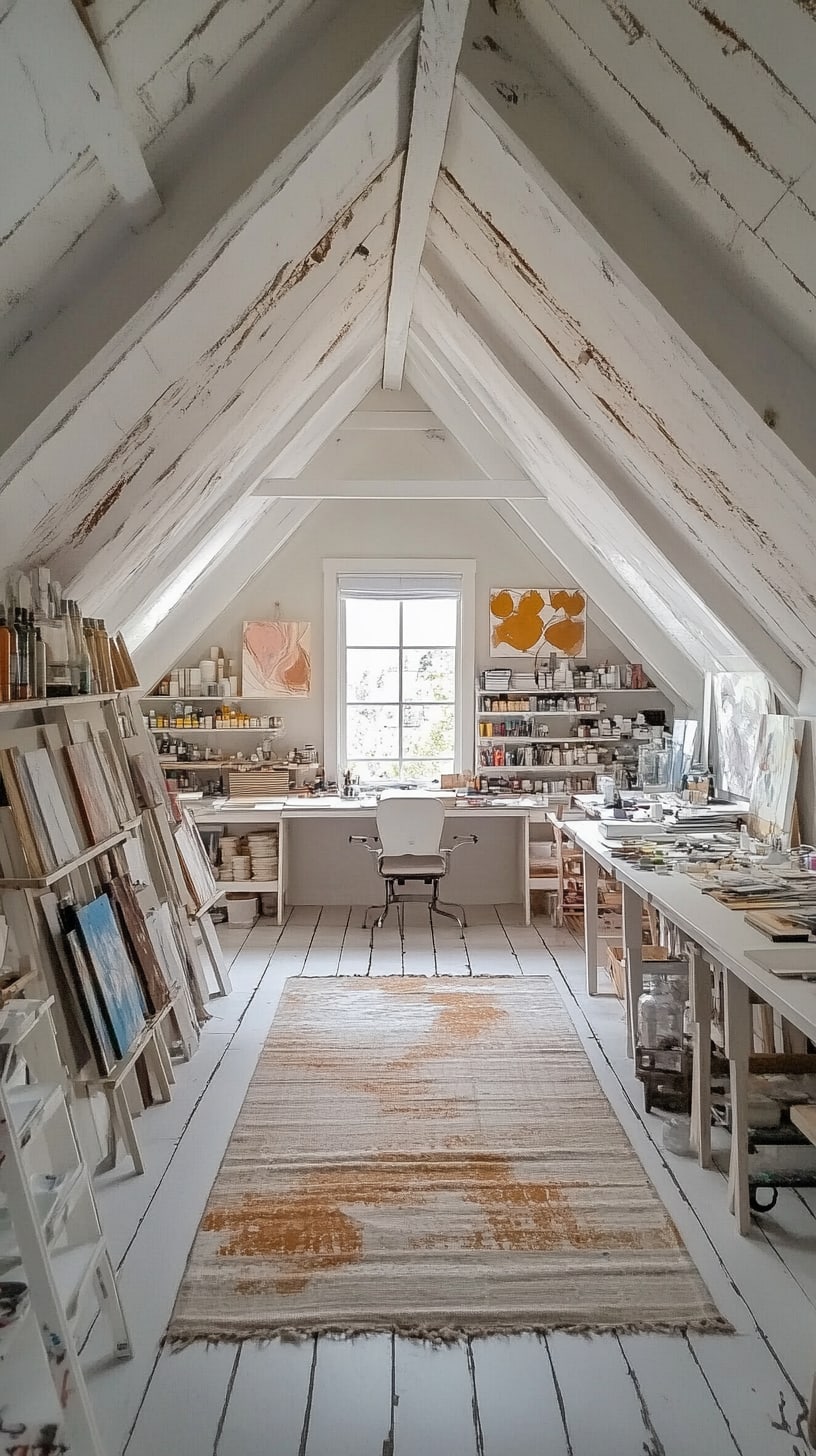 A spacious white attic art studio featuring abundant art supplies, large windows, a desk, and paint-splattered walls, creating a warm and inviting atmosphere for creativity.