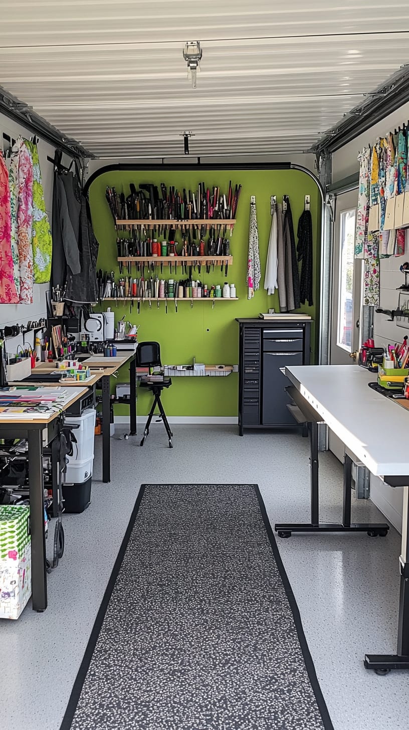 A spacious craft room featuring lime green walls, grey floors, multiple crafting tables, and a black industrial storage cabinet filled with art supplies.