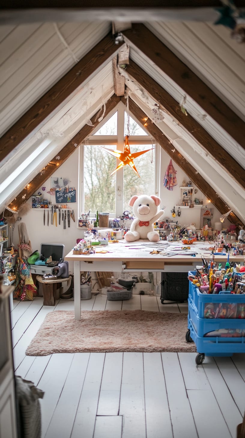 A whimsical attic studio filled with art supplies, fairy lights, and children