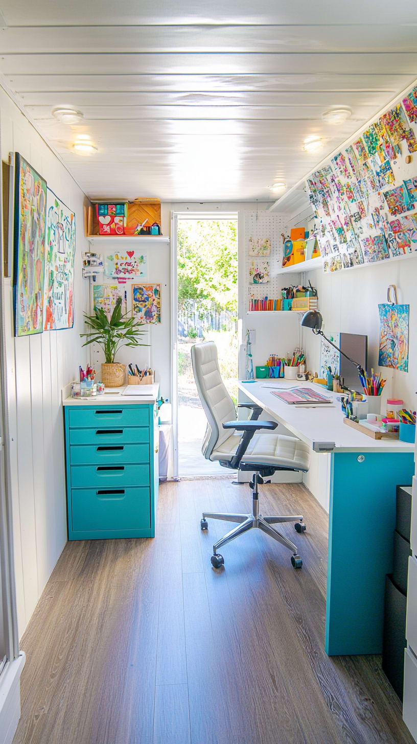 Interior of a cozy shipping container home office with white walls, teal desk, colorful art, and natural lighting.