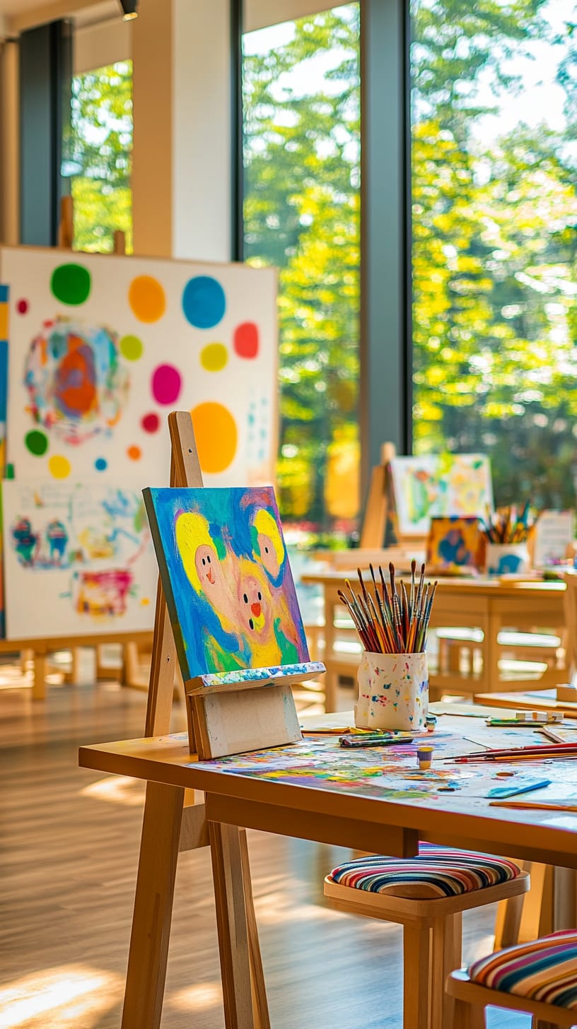 A bright and lively art studio with children painting at tables and easels, surrounded by colorful art supplies and large windows showcasing trees outside.